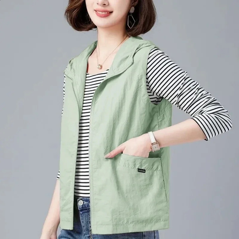 Oversized summer hooded white vest womens casual lining sleeveless jacket basic loose waistband lightweight spring Chalecos Z180 240819