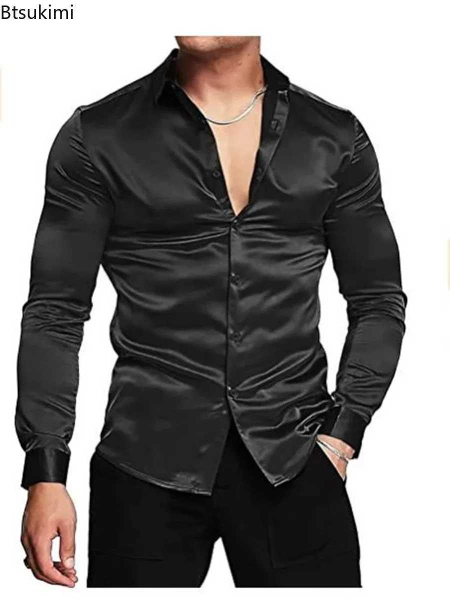 New 2024 Mens Luxurious Shiny Silk Satin Dress Shirt Long Sleeved Casual Slim Muscle Button-down Shirt Male Plus Size S-3XLXJ240819