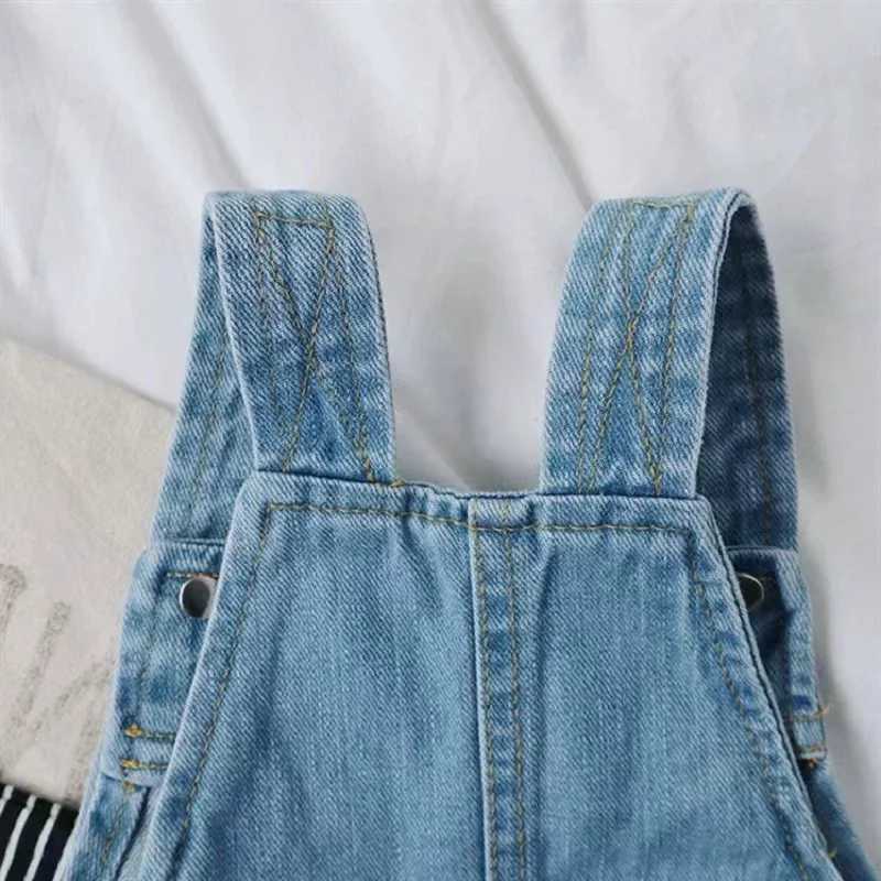 Childrens denim jumpsuit with belt suitable for washing denim jumpsuit for children summer girls clothing 3-8 years old W240806
