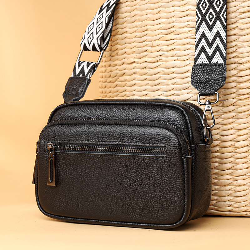Genuine leather new fashionable and simple, women's one crossbody bag, top layer cowhide wide shoulder strap, small square bag