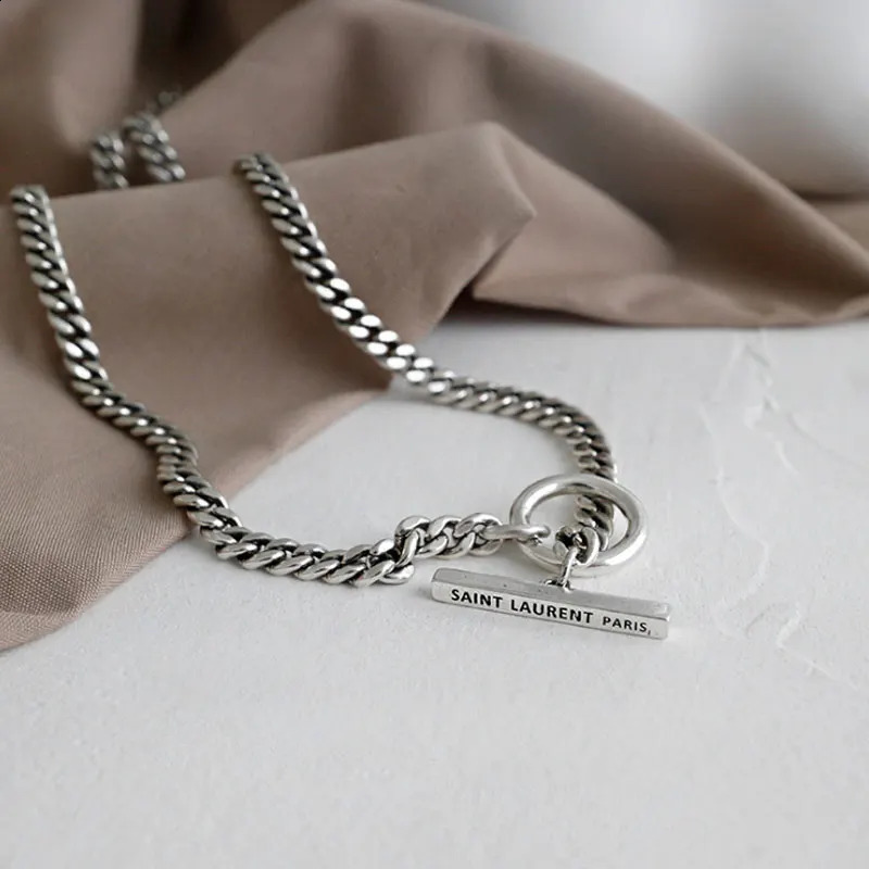 F INS Retro S925 Pure Silver Necklace Round and Rod Pendant Antique Chain OT Bar Exquisite Jewelry 240812