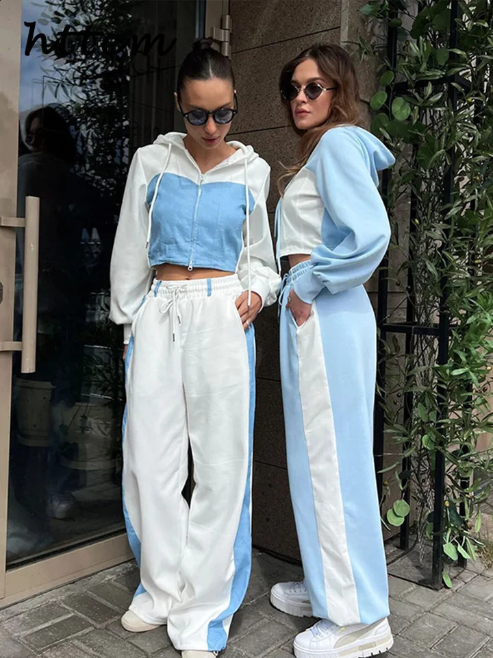 Casual Comparison Hoodie Pants Set Womens Ultra Thin Zipper Short Lace Wide Leg Autumn Fashion Track Clothing 240819