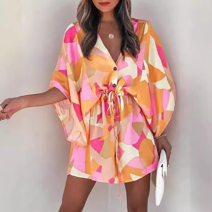 Summer Flying Sleeves A-line Skirt V-neck Strap Up Casual Vacation Jumpsuit Short Skirt