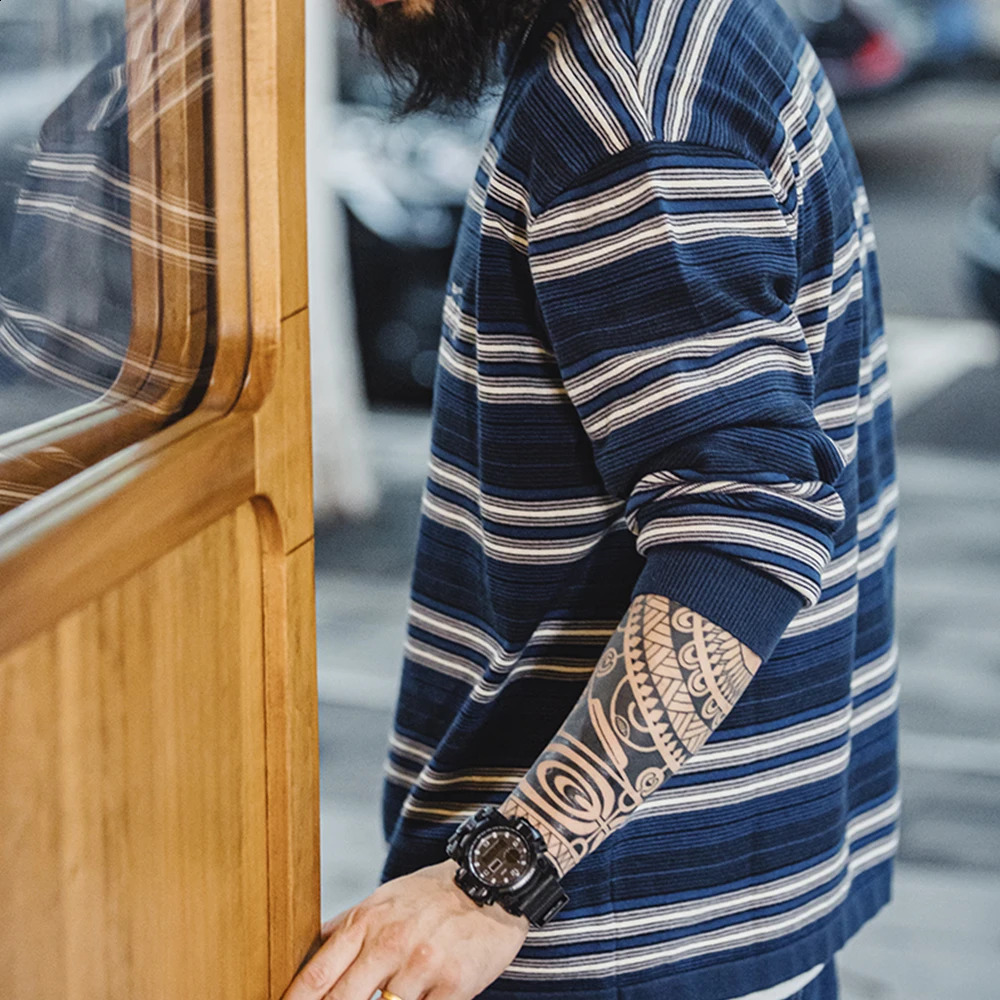 Maden Casual Contrasting Color Striped Knitwear Cityboy O-Neck Long Sleeve T-shirt Breathable Comfortable Spring Autumn Clothes 240820