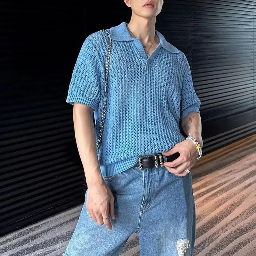 Mens Y2k Hollow Perspective Knitted Tops 2024 Daily Casual Personality Versatile Breathable Short-Sleeved Polo Shirt Men 240819