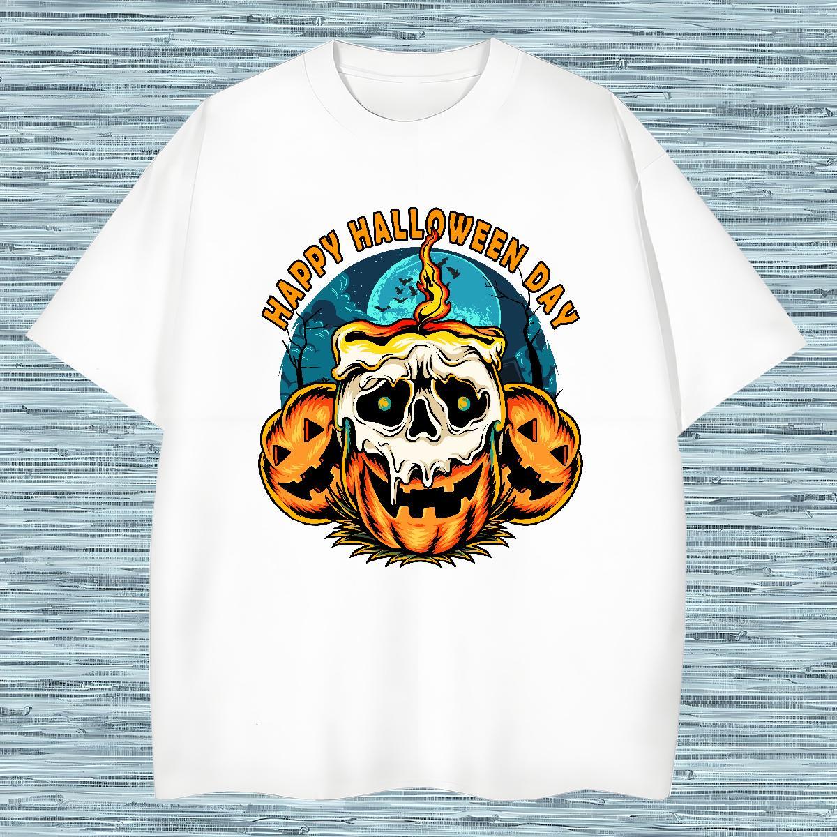New Designer Men Tshirts pumpkin Casual 100% Cotton 230g Tops Tees Short Sleeve Soft Loose Fit T-Shirts for Men Skull