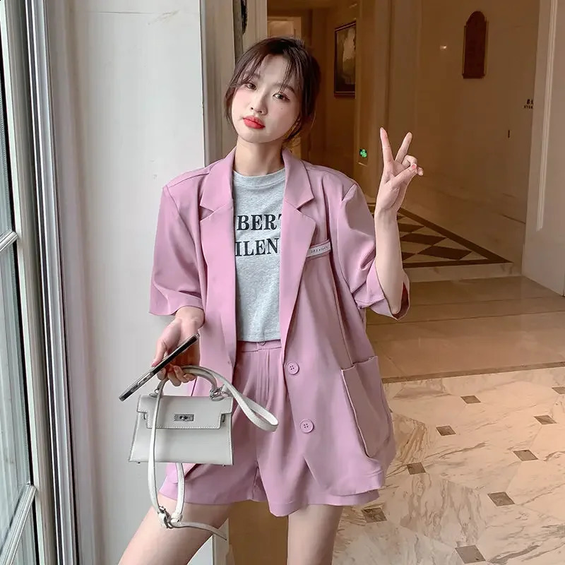 Womens Short Pants Sets Loose Office Pink Blazer and Shorts Suit for Woman Summer Sleeve Green Clothing with Jacket Full 240820