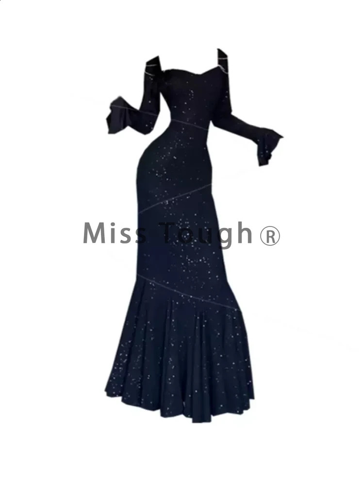 Bodycon Sexy Party Dresses Women Sequins Black Evening Elegant Long Dress Female Flare Sleeve France Vintage Dress Summer 240819