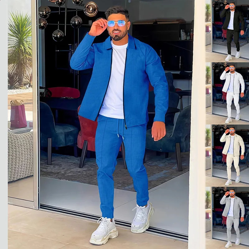 2024 Spring and Autumn Mens Sets Waffle Long Sleeved Set with Polo Collar Zipper Cardigan Casual Two Piece Set for Men 240819