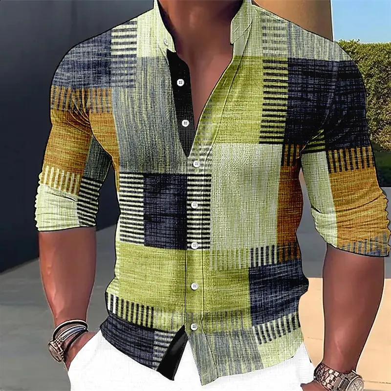 Mens shirt plaidcheck pattern geometric stand collar outdoor street long sleeve fashion streetwear casual 240815