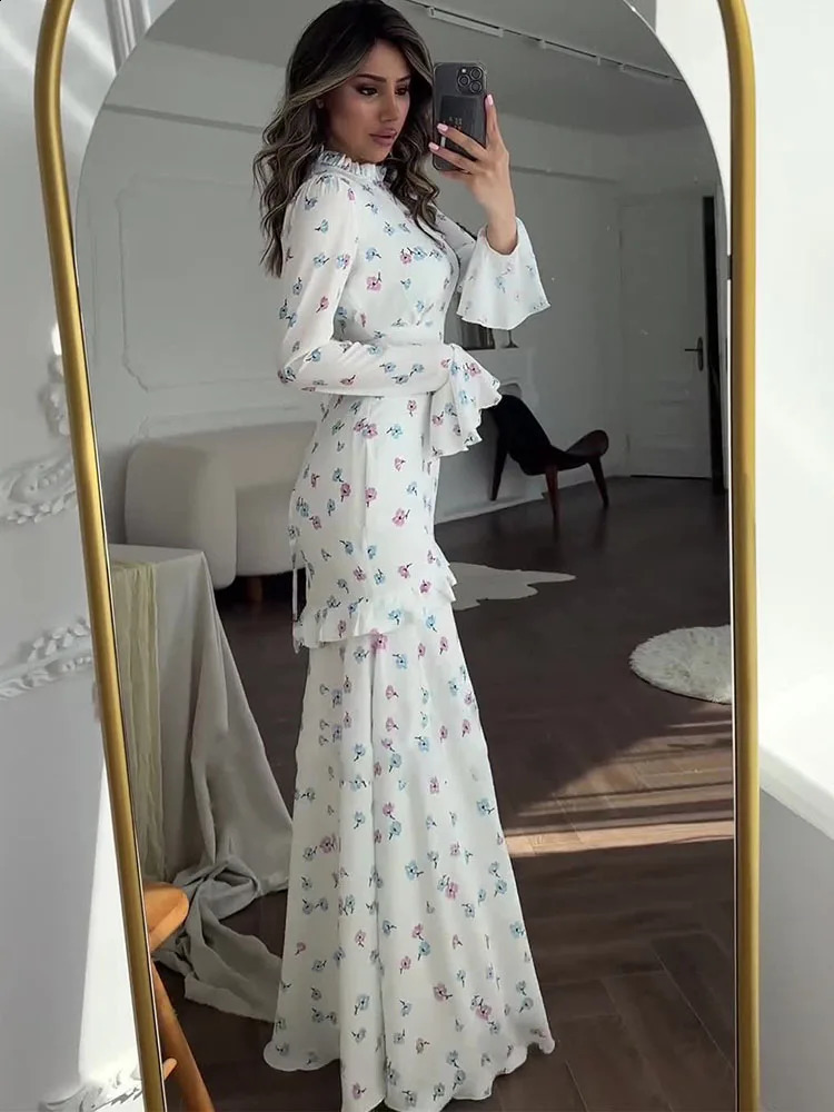 Tossy Ruffle Printed Long Sleeve Long Dress Womens Elegant Contrast Color Slim Fit Lace Waist Casual Summer Fashion Long Dress 240819