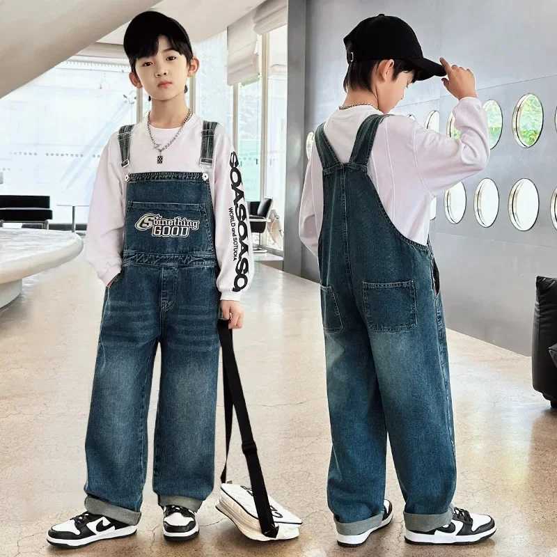 New retro boys full jumpsuit students wear retro jeans full set of teenage childrens jumpsuit ages 4-14 W240806