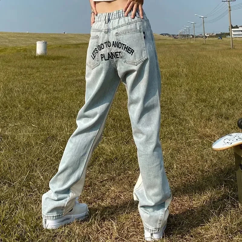 Trousers Light Blue Bootcut Mens Jeans Hip Hop Man Cowboy Pants Letter Flared Comfortable Y2k Vintage Cotton Stacked Y 2k Xs 240819