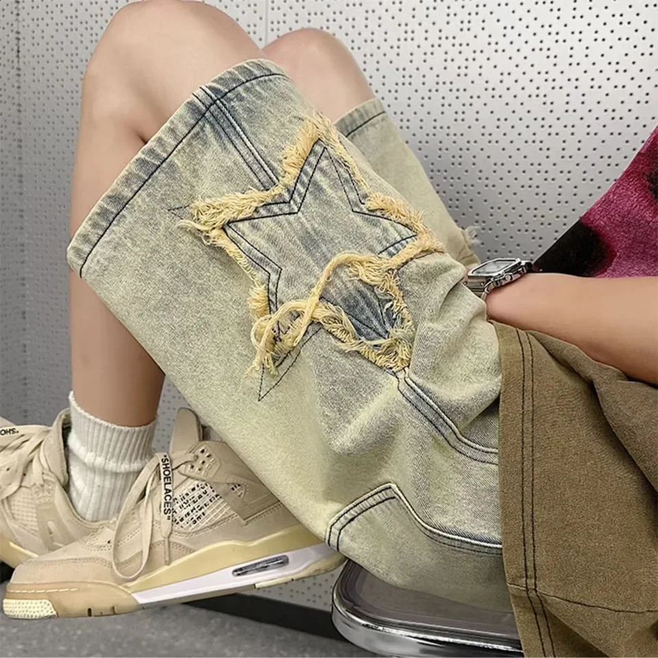 Summer mens shorts yellow clay colored jeans fashionable street style five point pants pure cotton material straight tube shape 240819