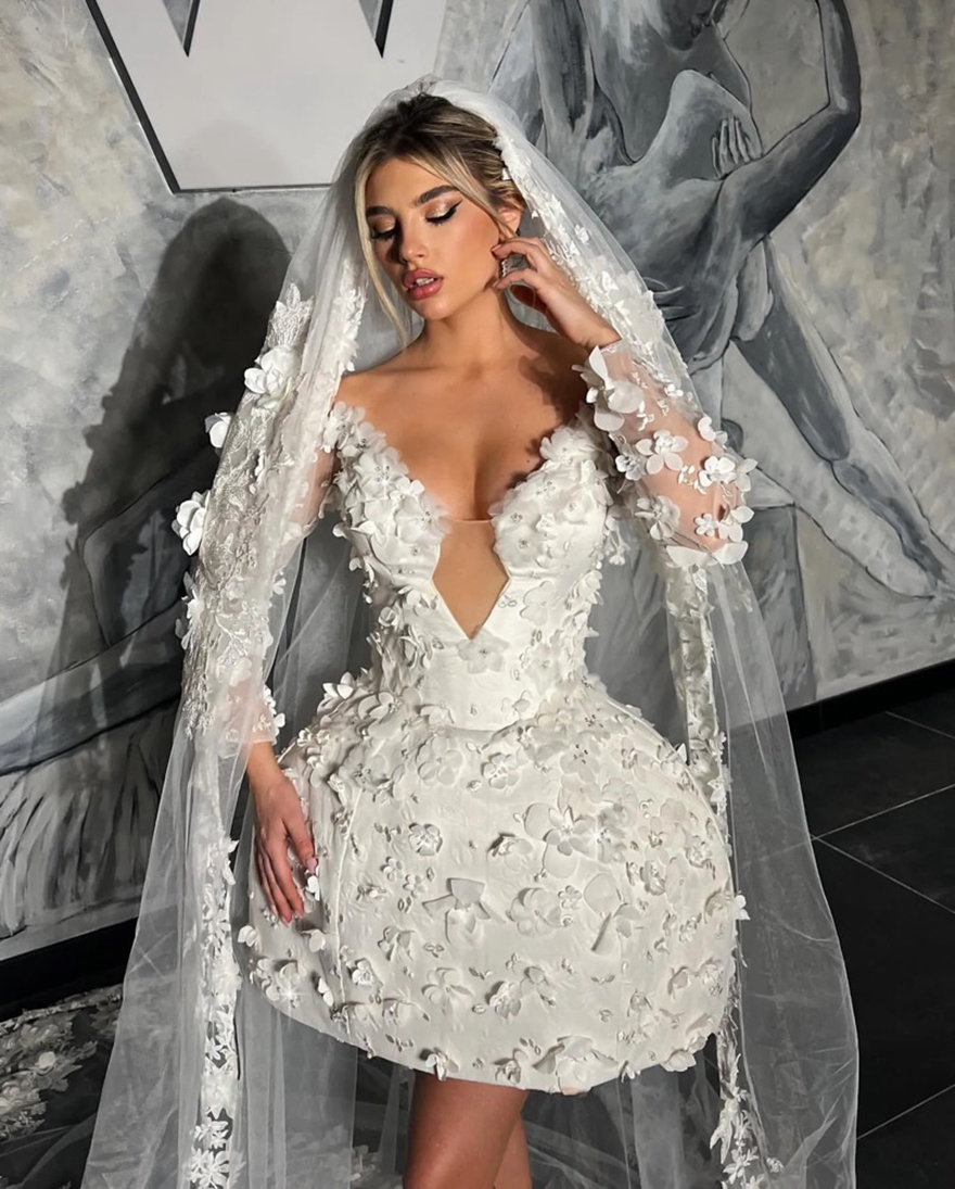 Stunning Short Dresses appliqued off shoulder long sleeves fulllace mini Wedding Dress a e lacefull designer bridal gowns