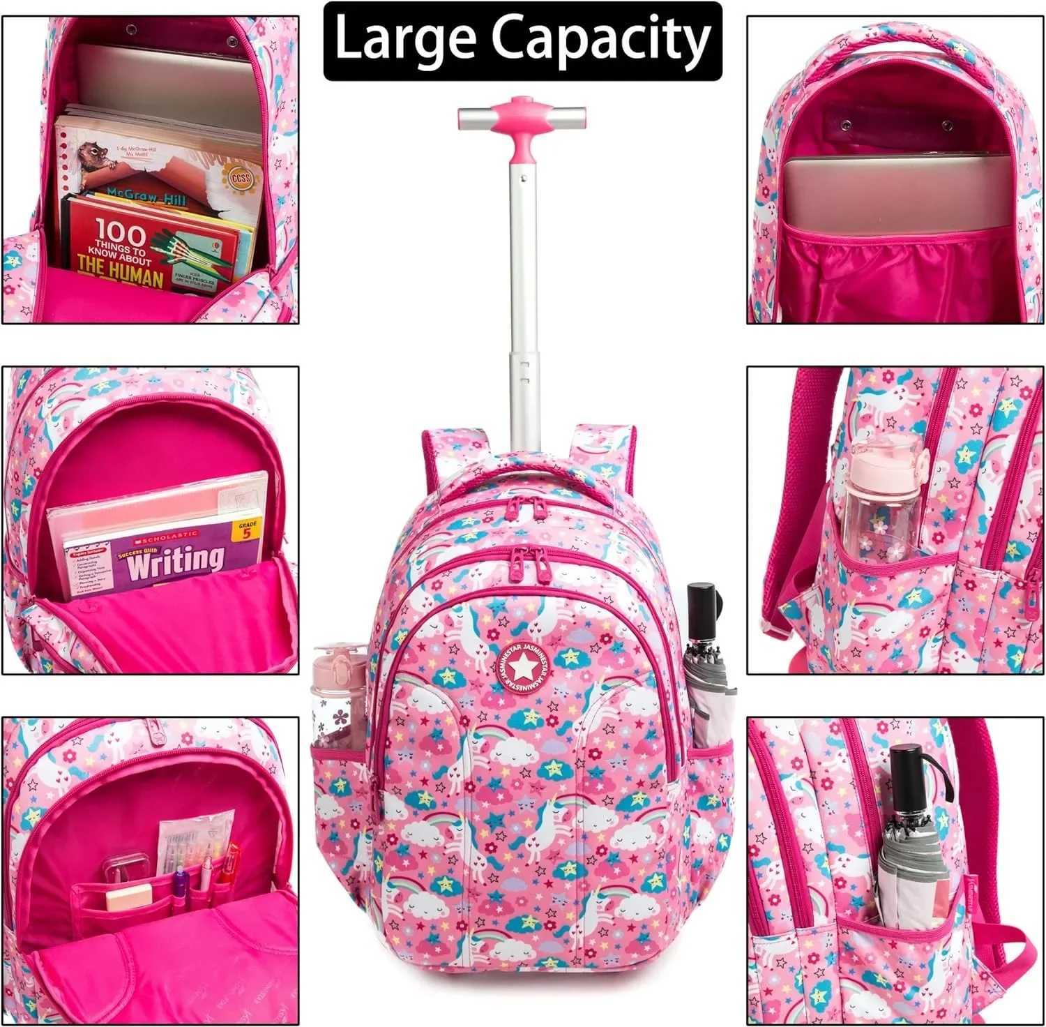 Girls School Backpack Child Wheeled Bag Set for Boys Roller Bag Rolling Luggage School Trolley Backpack with Lunch Bag Insulated Y240820