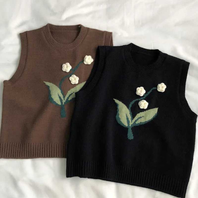 Girls Knitted Vest Spring and Autumn New Korean Version Sweet Flower Versatile Round Neck Kids Sleeveless Sweater CamisoleXJ240819