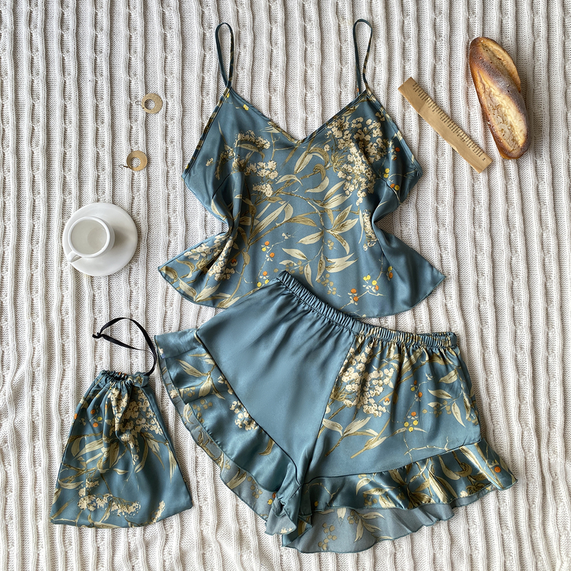 Elegant printed Cami top with ruffled hem shorts pajama set for womens sleepwear casual wear w240819