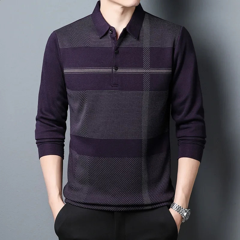 Autumn Mens Long-sleeved T-shirt Loose Casual Mens Striped Lapel Polo Shirt Bottoming Shirt Mens Shirts 240820