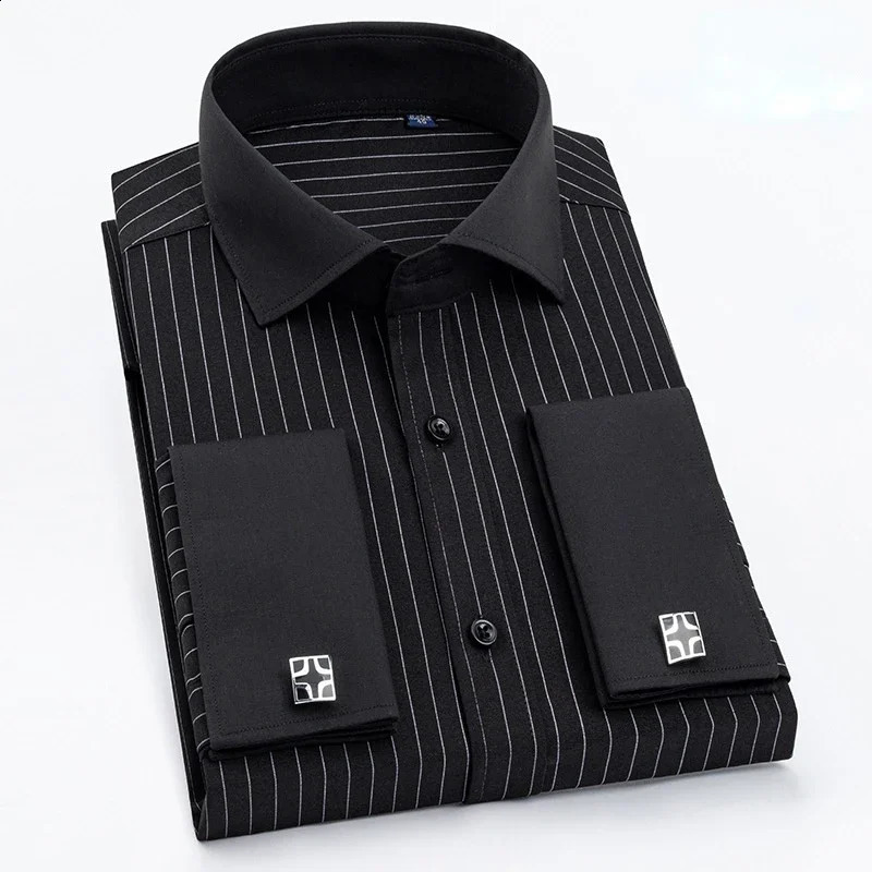 Quality Men French Cufflinks Shirt Hidden Button Mens Shirt Long Sleeve Casual Slim Fit Cuff Dress Shirts Cufflinks Included 240820