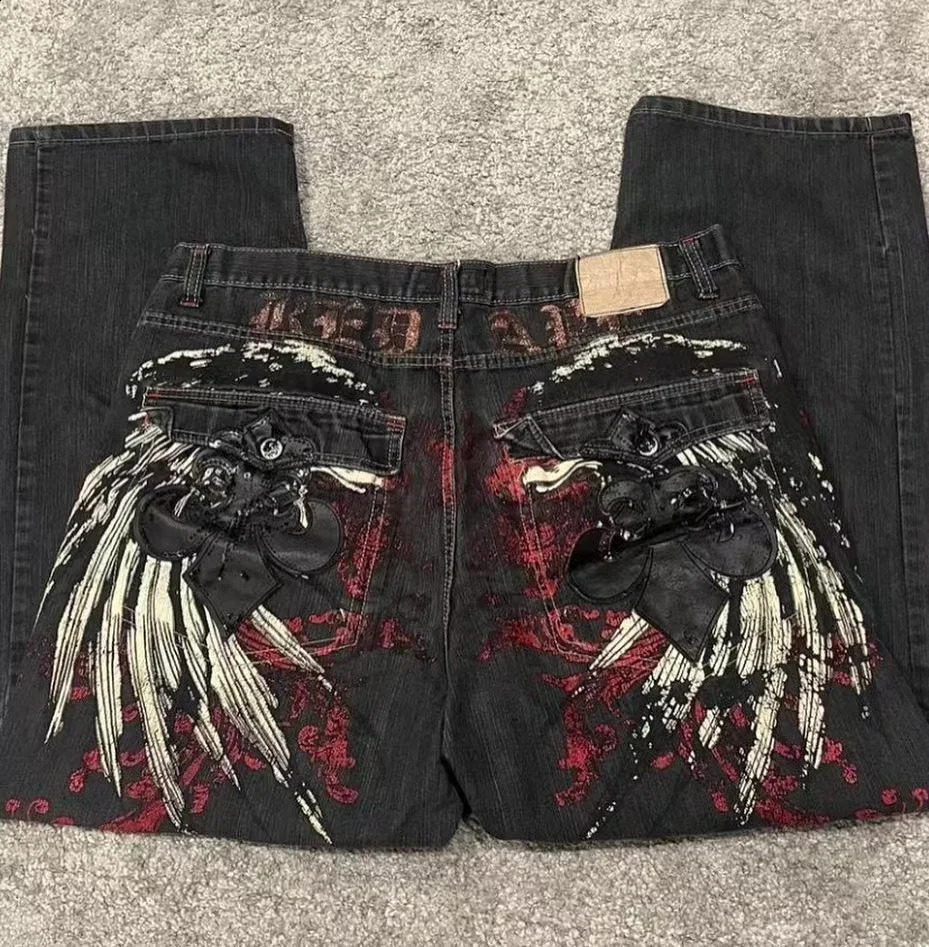 Y2K Jeans Men Harajuku Retro Gothic Wing Embroidery Baggy Jeans Vintage Jeans Punk Hip Hop Gothic Wide Leg Pants Street Wear 240819