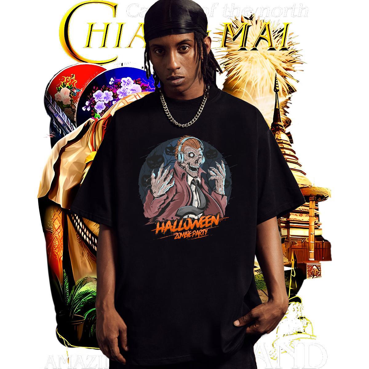 Free Shipping T-Shirts for Men skull Breathable Soft Street wear Hip Hop Floral Print 230g Cotton Tshirts Factory Direct Clothings