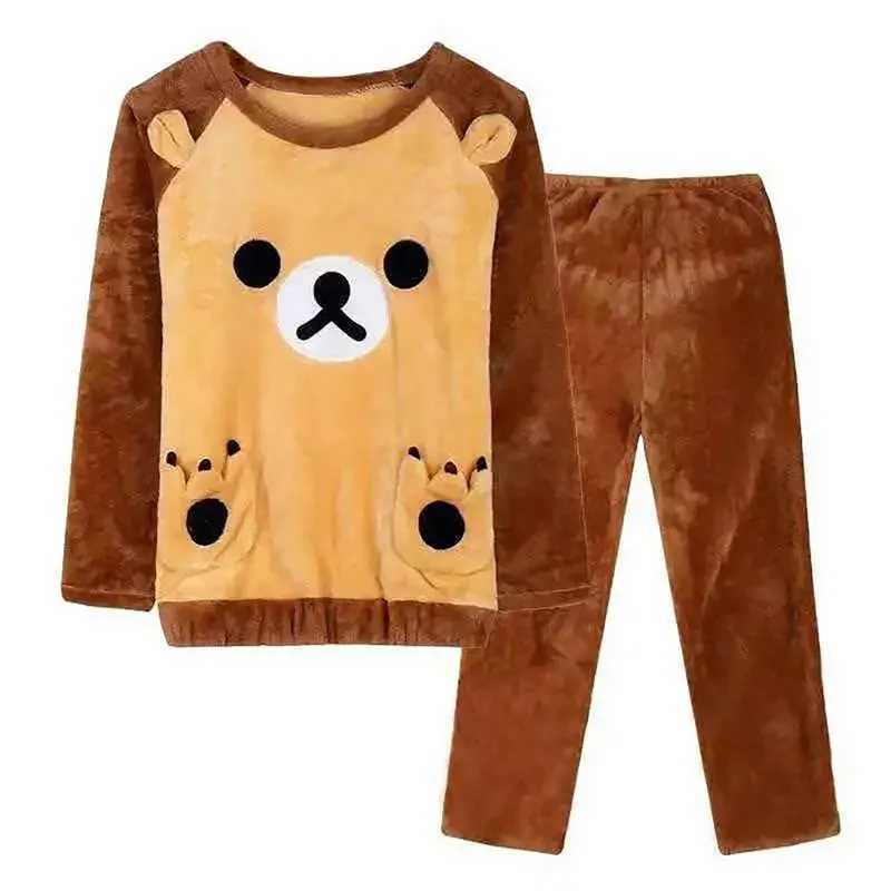 Mens Winter Warm Flannel Pajama Set Long Sleeve Thick Mens Coral Velvet Cute Cartoon Pajama Set New PajamaW240719