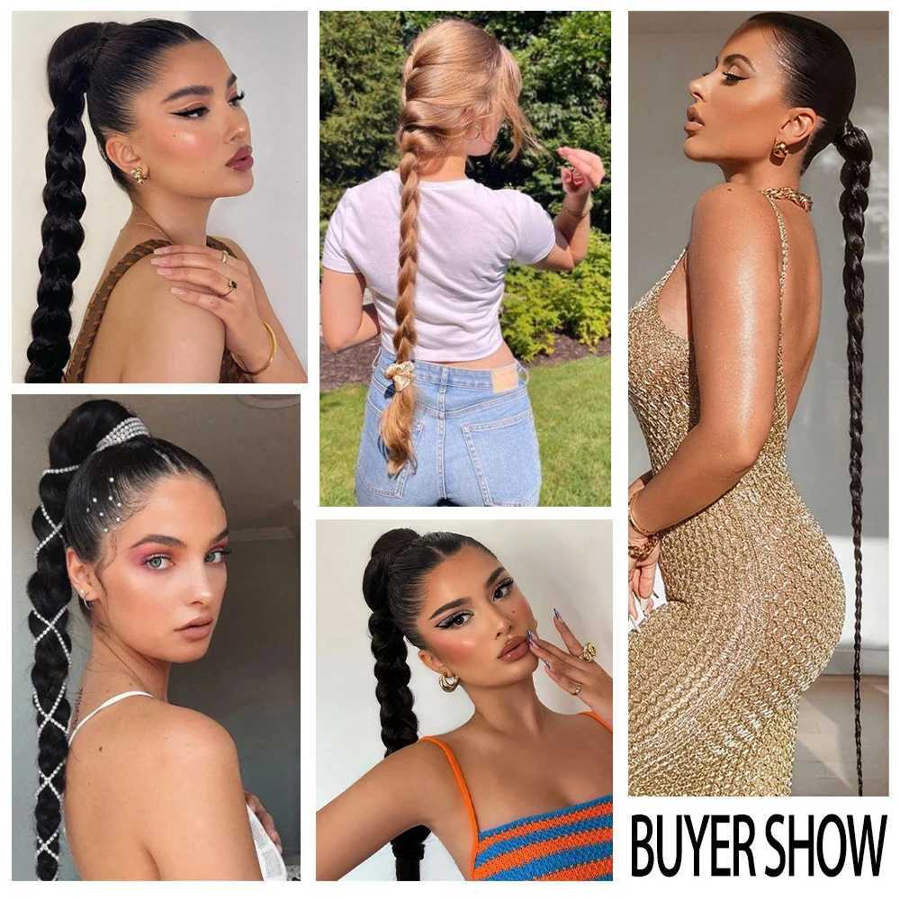 MISSQUEEN long straight braided ponytail synthetic ponytail hair extension black brown brain ponytail suitable for women W240817