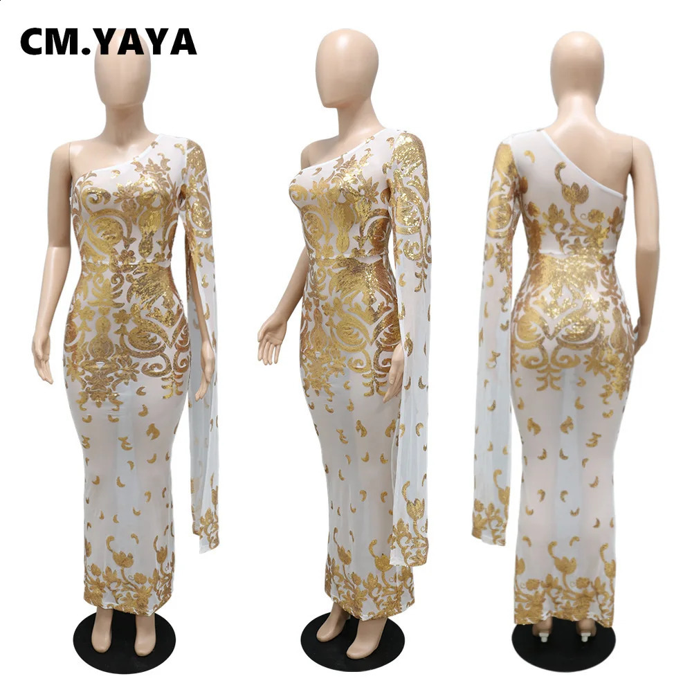 CM.YAYA Women Sequined Paisley Mesh See Though One Shoulder One Long Clock Sleeve Mermaid Maxi Dress Sexy Night Party Long Dress 240819