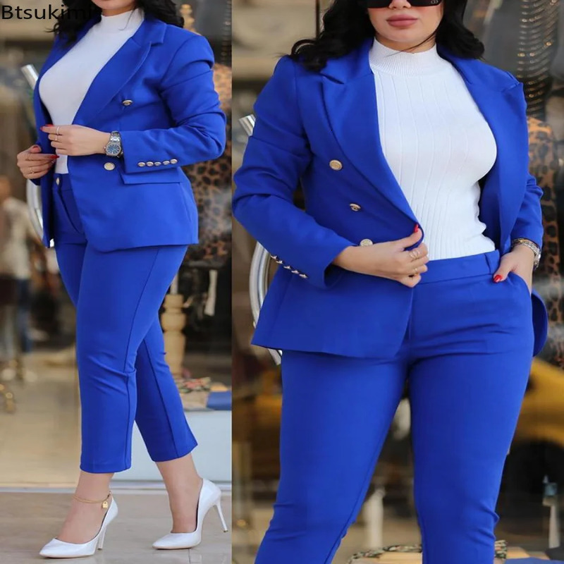 Official Office Pants Set for Womens 2PCS Double Chest Solid Jacket and Two Piece 240819