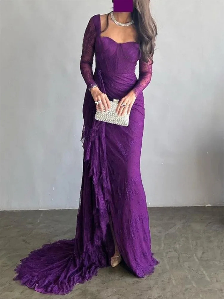 Yeezzi Wedding Dress Elegant Purple Lace Long Sleeve Ball Gowns Womans Formal Bride Party Evening Maxi Dresses Vestido 240819