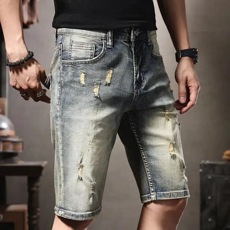 Open collar mens denim shorts slim fit summer blue wholesale Korean fashion coarse cut Y2k 240819