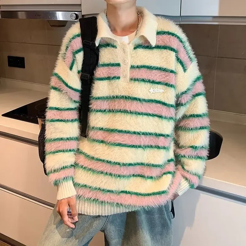 Color blocked striped polo neck knitted top mens autumn/winter preparatory style Japanese couple sweater trend loose top 240820