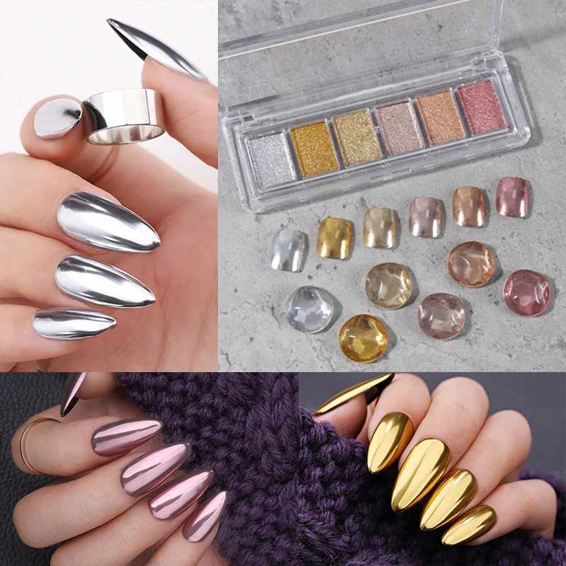 6 Colors Gold Silver Mirror Powder Solid Metallic Effect Nail Art Glitter Polish Rub Dust Pigment Manicuring Art DecorationXJ240815