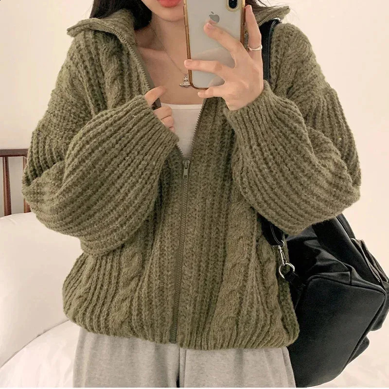 Black thick short sleeved knitted cardigan womens turtle neck autumn and winter Korean style long loose sweater jacket in 6 colors 240819