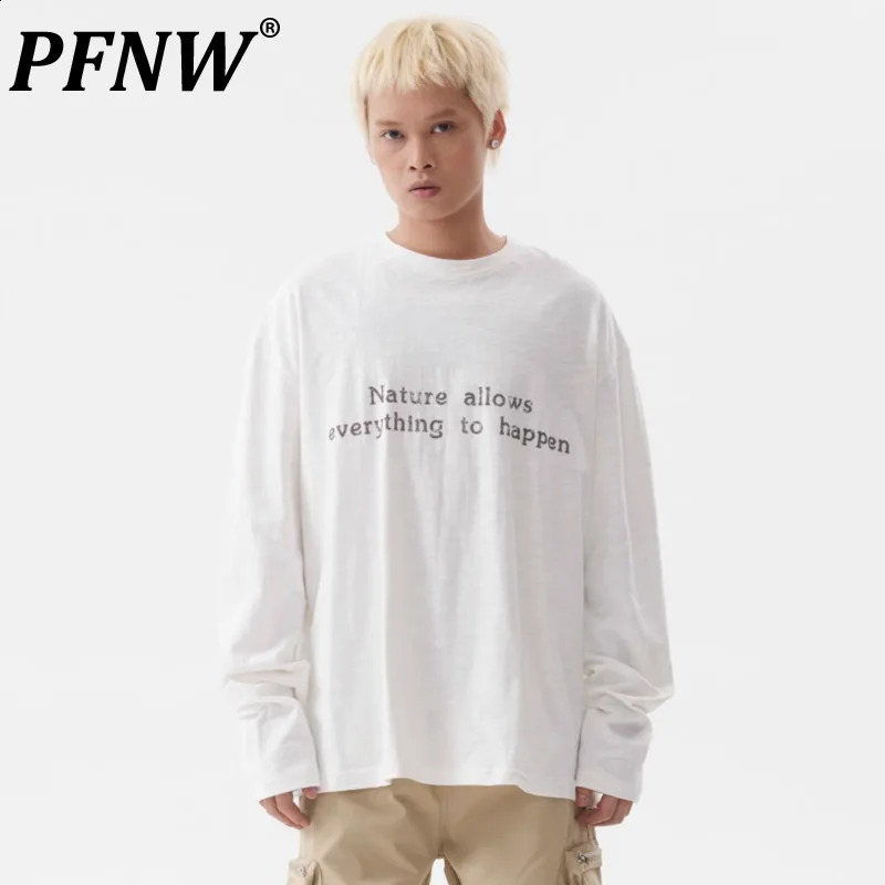 PFNW Male American Lazy Style Printed Letter T-shirt Street Vintage Round Neck Long Sleeve Loose Casual Mens Tops Chic 28W4416 240820