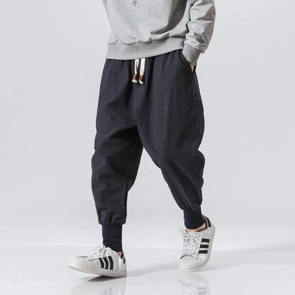 Cotton and linen harem pants for mens streetwear runners pocket crotch casual sports 240819