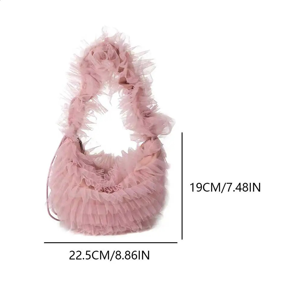 Women Lace Pleated Handbag Solid Color Chic Yarn Shoulder Bag Large Capacity Ruched Tote Female Daily 240820ZYl