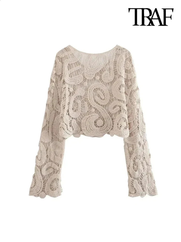 TRAF womens fashionable cut semi wool crochet knitted sweater sexy Oneck long sleeved floral top 240819