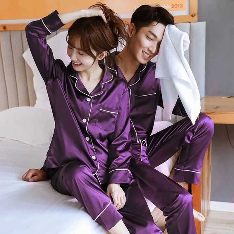 Solid color sleepwear silk satin sleepwear couple set long button down sleepwear set mens casual wear plus size Pj set W241221