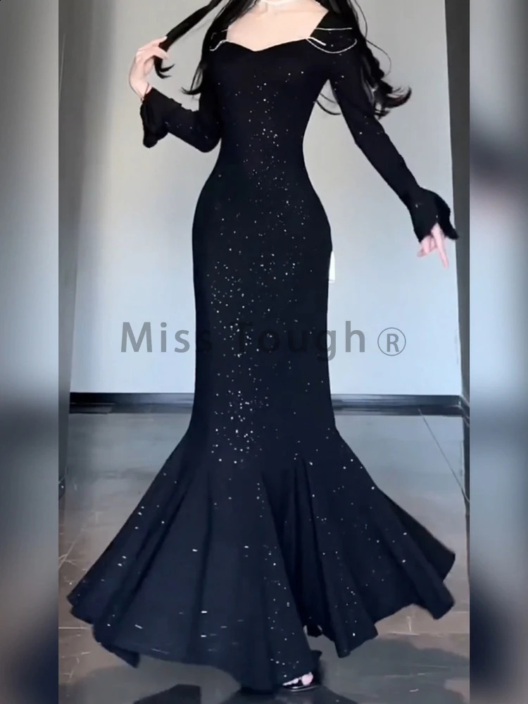 Bodycon Sexy Party Dresses Women Sequins Black Evening Elegant Long Dress Female Flare Sleeve France Vintage Dress Summer 240819