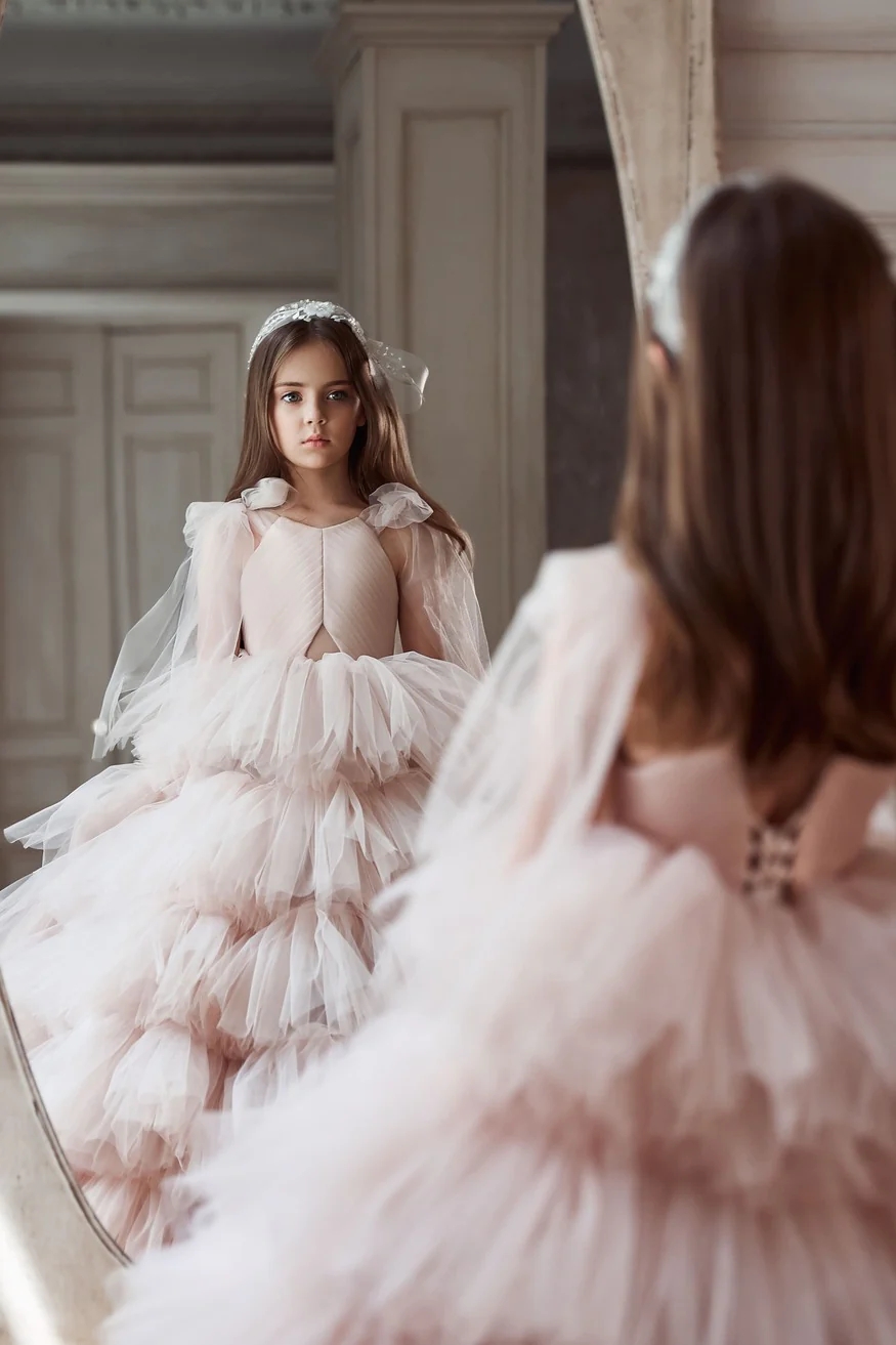 Pink Mini Quinceanera Dresses Ball Gown Sheer Tulle Tiered Puffy Long Flower Girl Dresses For Weddings Mexican Charro Pageant Dresses Baby