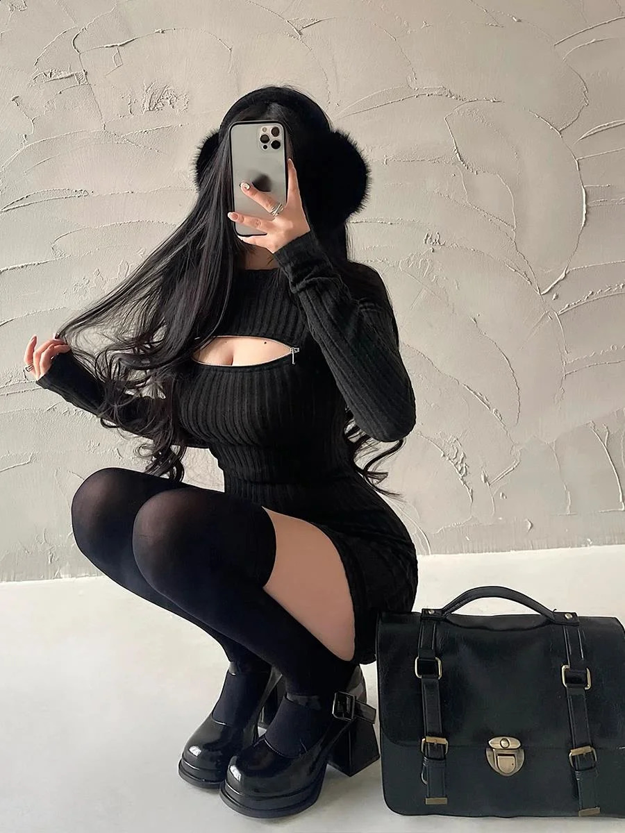 WOMENGAGA Sexy Hollow Zipper Tight Long Sleeved Sweater Knitted Dress Elegant Short Dress Fashion Sweet Kroean Women Top 1S4E 240819