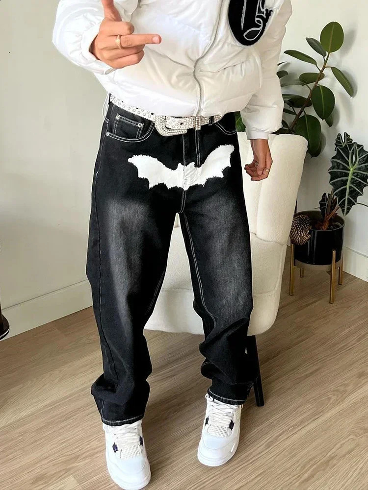 Mens Jeans Y2K Bat Pattern Printed Retro Hip Hop Harajuku Casual Loose Couple Straight Clown High Waist Cowboy Trojan Horse 240819