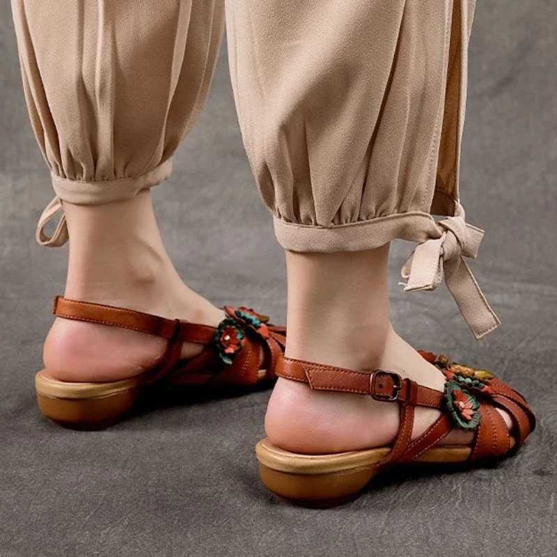 Retro Women Rome Sandals 2024 Summer Flower Buckle Design Soft Leather Platform Sandal Casual Fashion Mom Shoes Sandalias Mujer CL240806