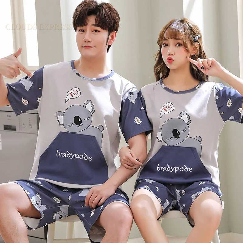 Summer new knitted cotton couple cartoon mens pajamas red pajamas set casual mens pajamas 3XL pajamasW240719