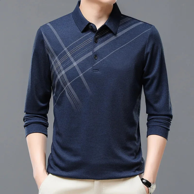 Long Sleeve Tees for Men Smart Casual Polo Shirts Daily Lapel Fashion Printed T-shirt Spring and Autumn Middle Age Male Tops 240820