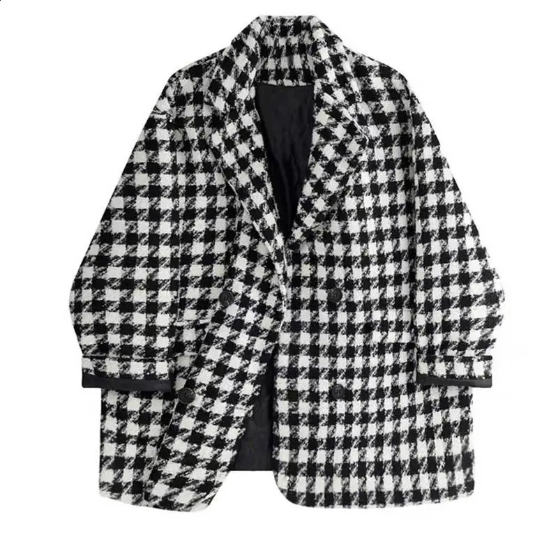 Autumn and Winter Womens Set Korean Checkered Jacket Paired with Slim and Loose Long Sleeved Knitted Dress Two-piece Set 240820