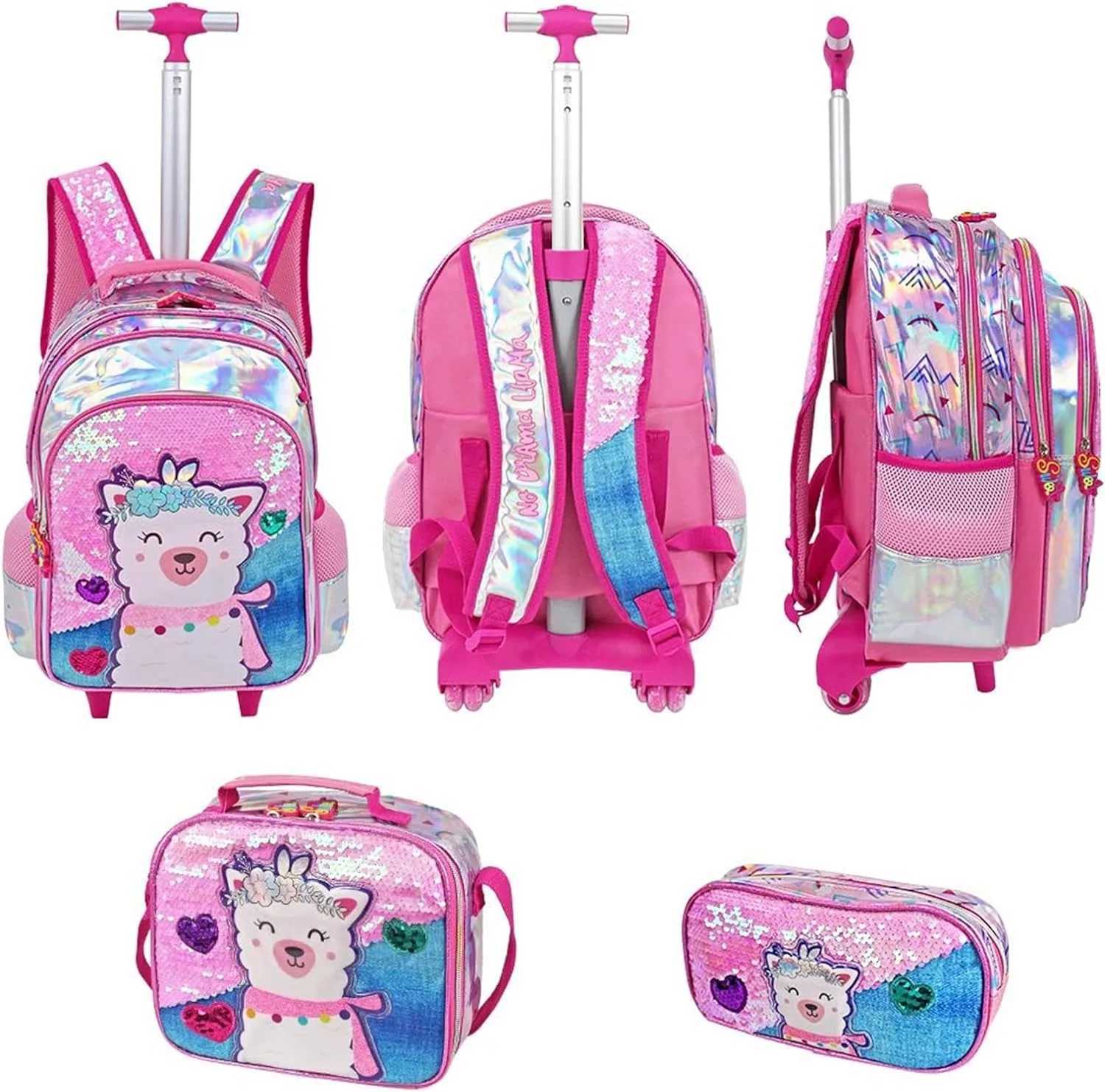 17 Inch Kids Backpacks for Girls Sequin School Bag with Lunch Box for Elementary Students Childrens Backpack Girl Wheel Y240820