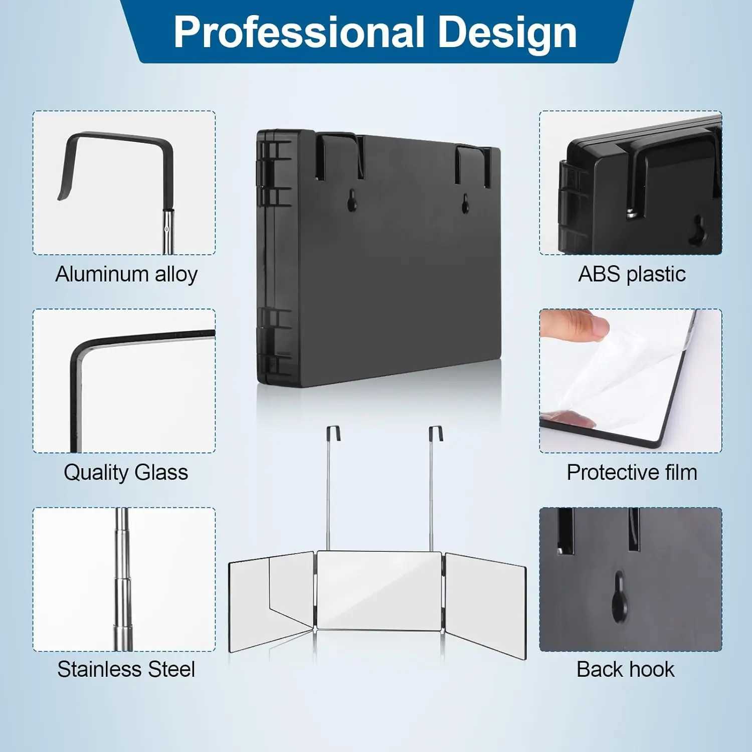 Black Portable 360 Trifold Mirror with Height Adjustable Telescoping Hooks Ideal for Self Hair Cutting Makeup Essential Fordable Y240819